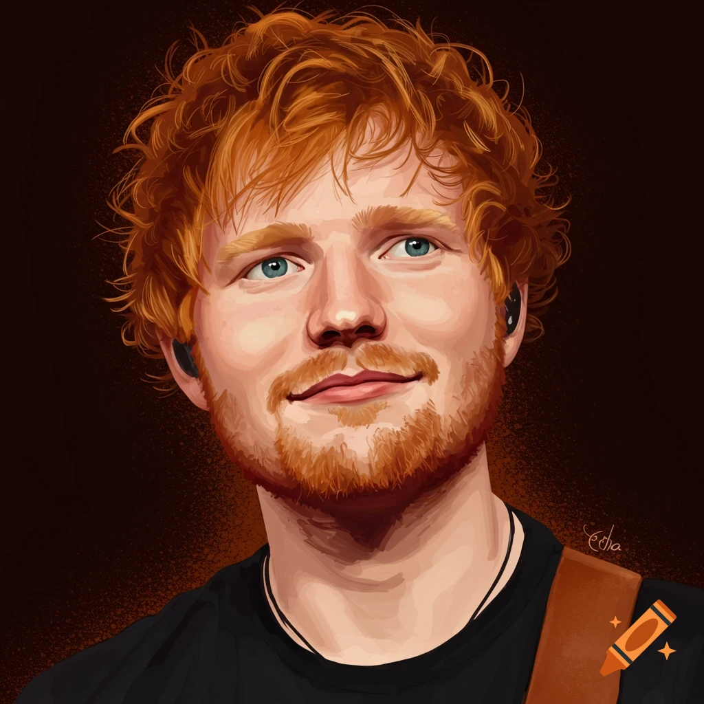 Digital painting portrait of Ed Sheeran with orange curly hair and beard, wearing a black shirt, smiling slightly.