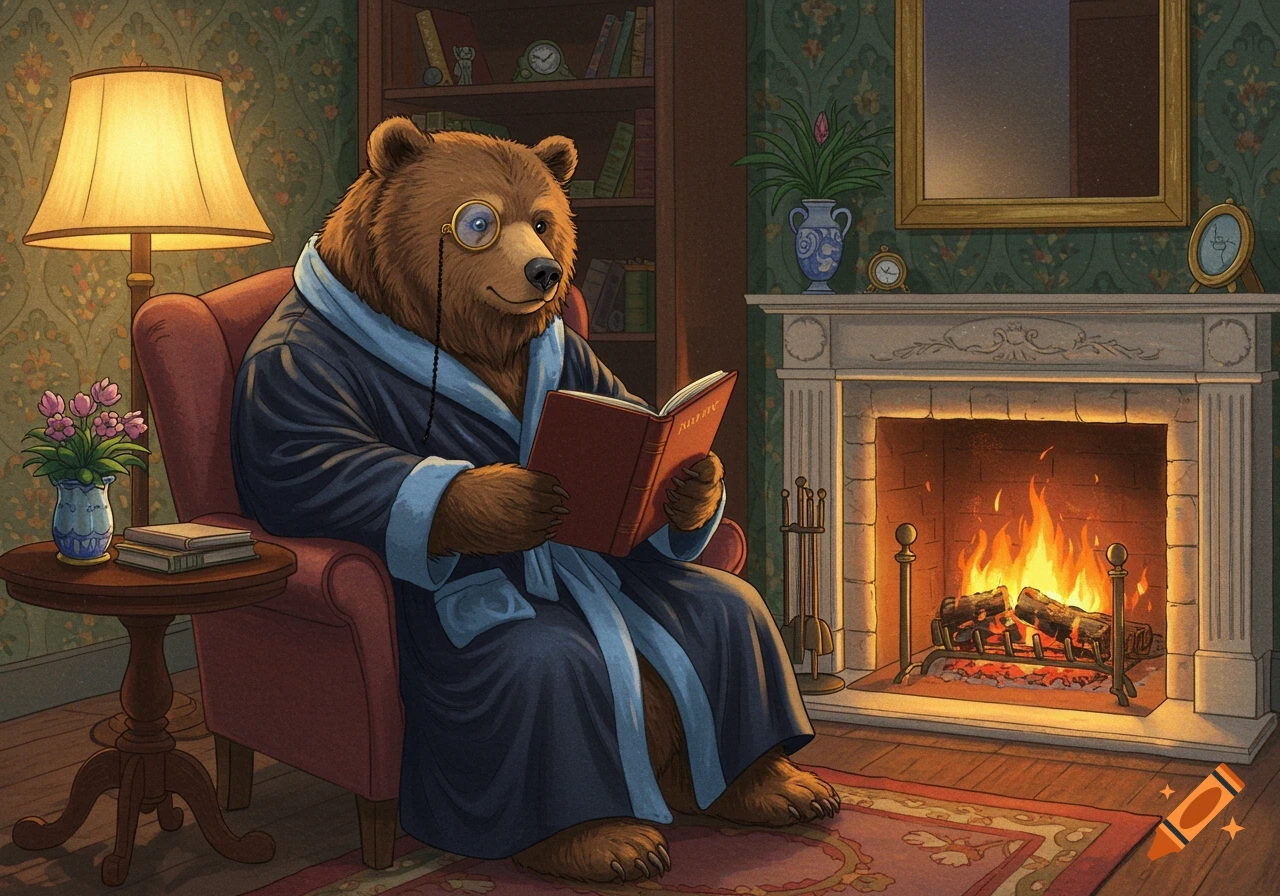 A distinguished brown bear in a blue dressing gown and monocle reads a book  by a cozy fireplace in a detailed storybook illustration. on Craiyon