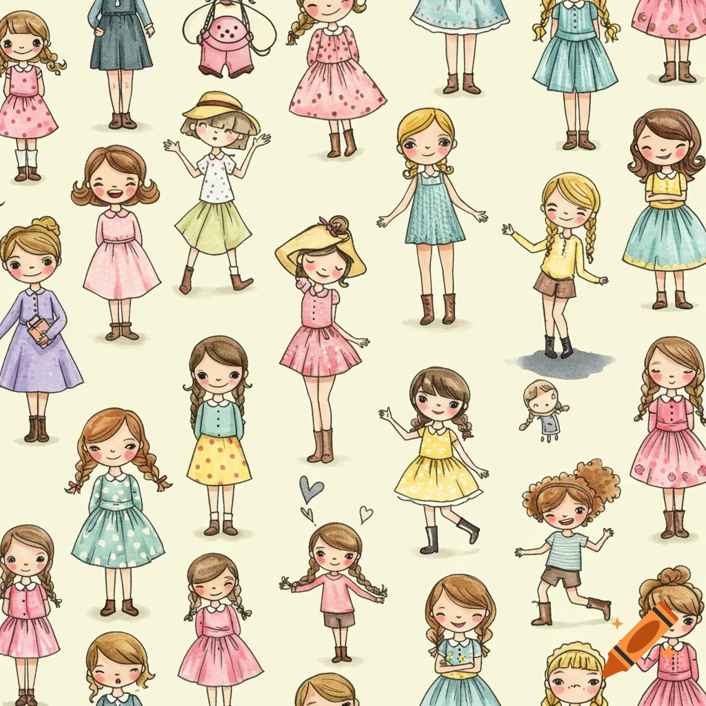 A seamless watercolor pattern featuring multiple cute, stylized girl characters in various poses and outfits.
