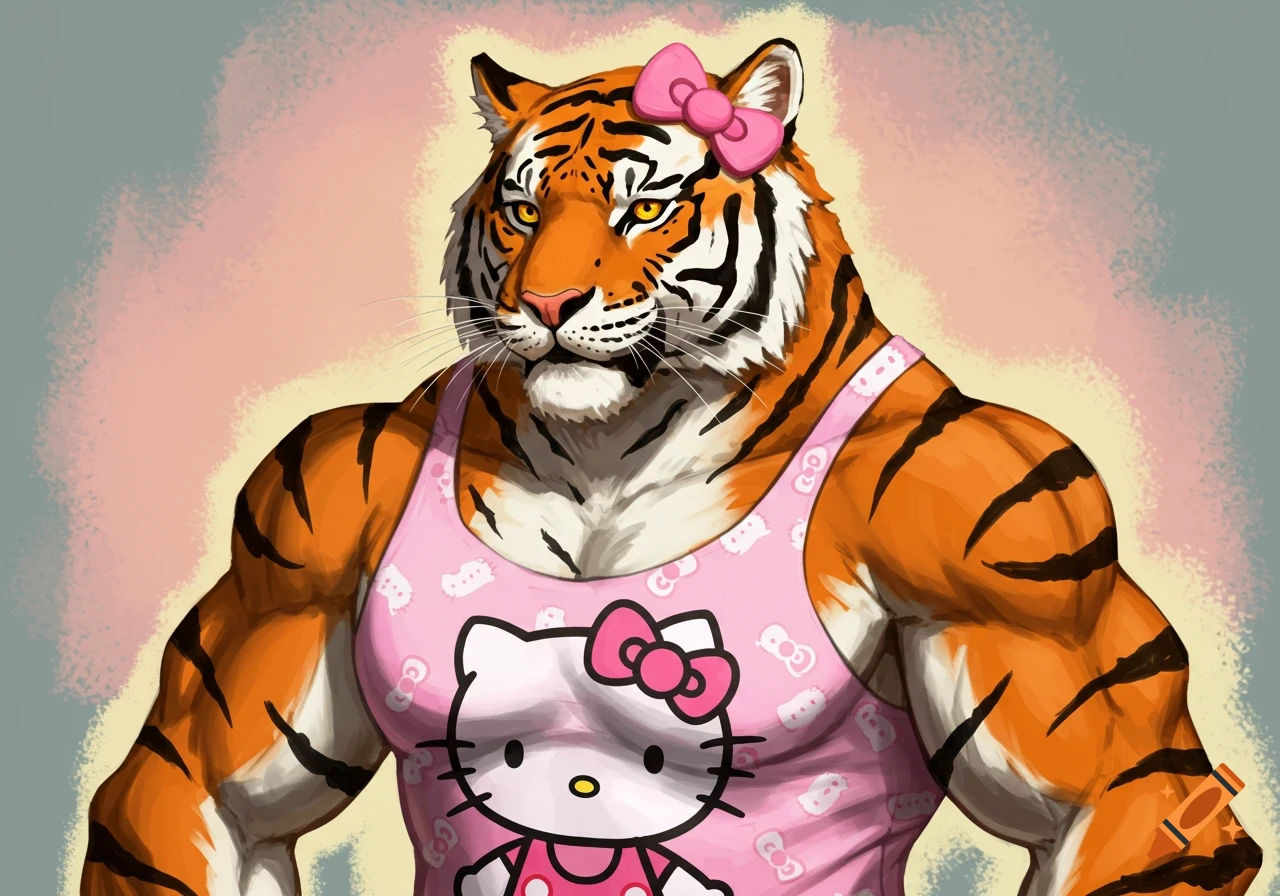 A muscular anthropomorphic tiger wears a pink Hello Kitty tank top and a pink bow on its head.