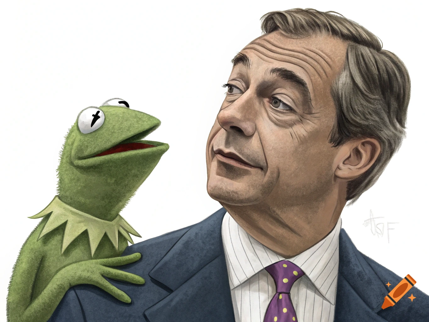 Caricature of politician Nigel Farage with Kermit the Frog on his shoulder, both looking upwards.