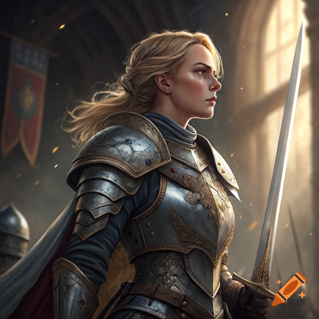 A determined blonde woman in shining medieval armor holds a sword, looking into the distance in a sunlit hall.