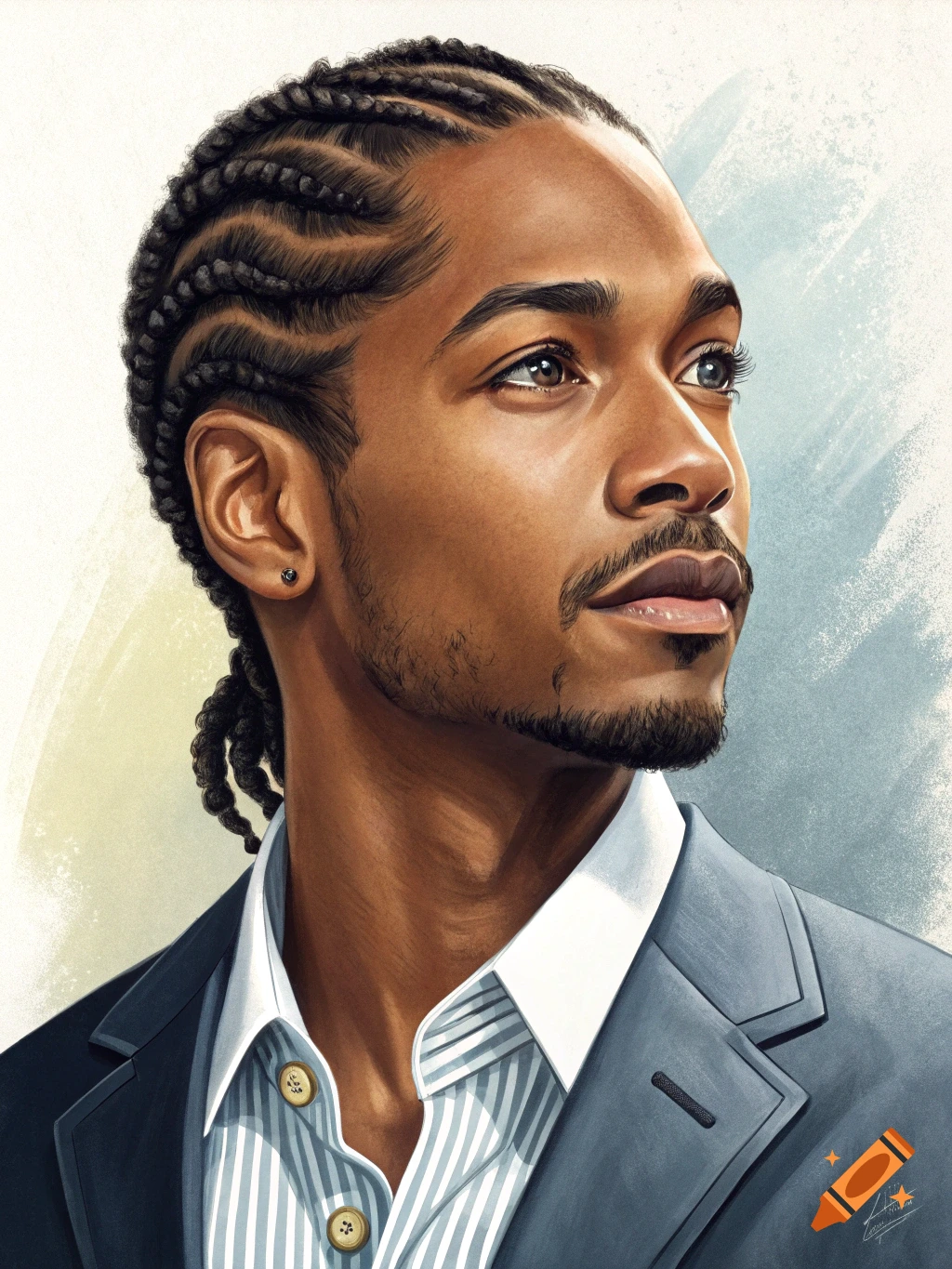 A detailed illustration of a handsome Black man with cornrows, wearing a suit, looking thoughtfully to the right.