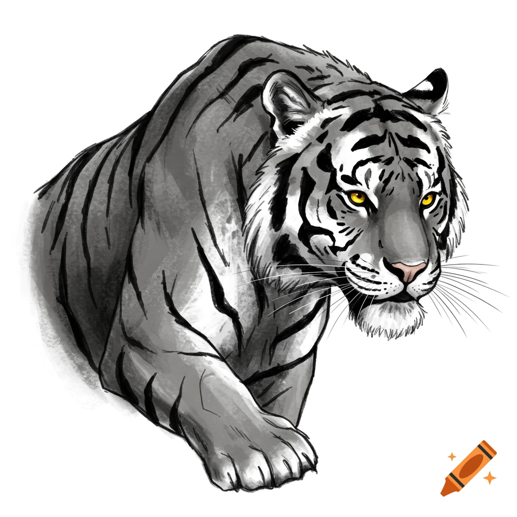 A charcoal and black ink drawing of a white tiger with black stripes and yellow eyes, posed on a white background.
