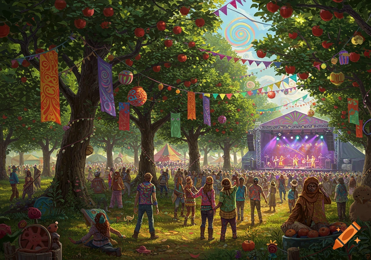 A vibrant music festival in an apple orchard with colorful decorations, a stage with performers, and a large crowd.