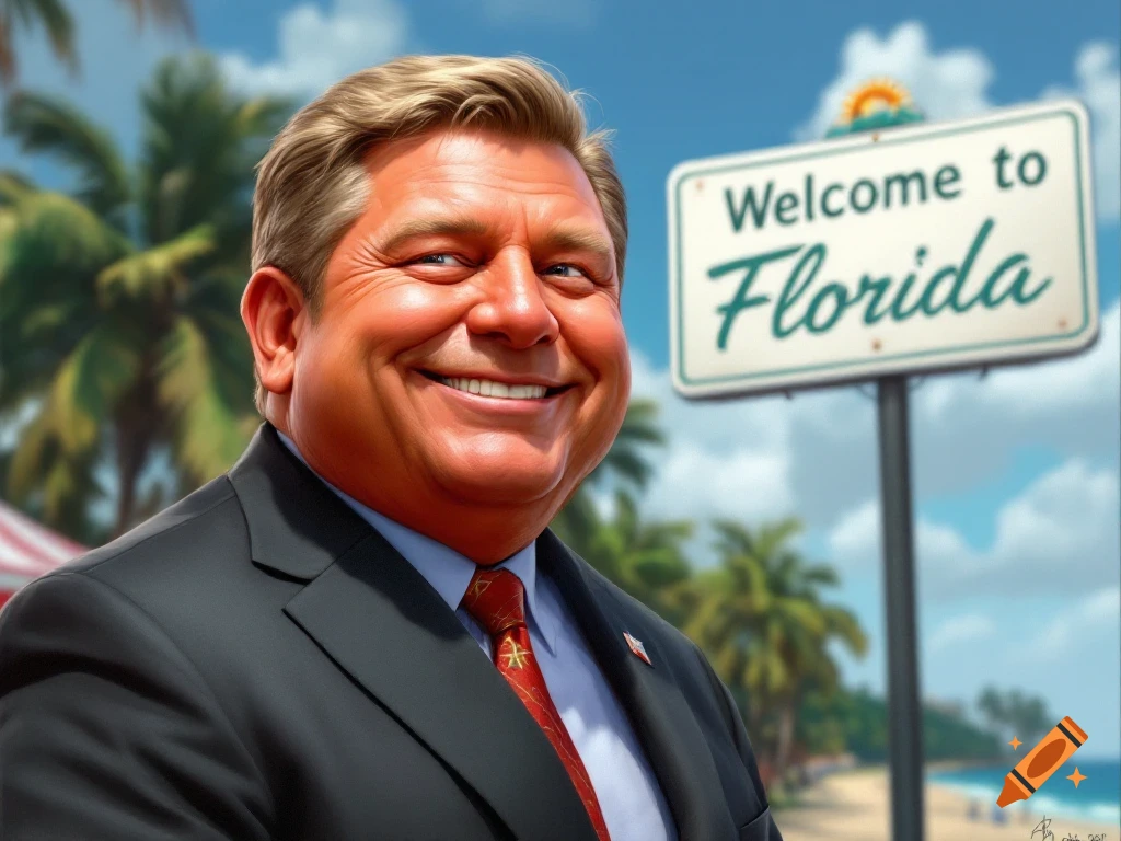Caricature of Ron DeSantis, smiling widely in a suit, stands before a Welcome to Florida sign, with palm trees and beach in the background.
