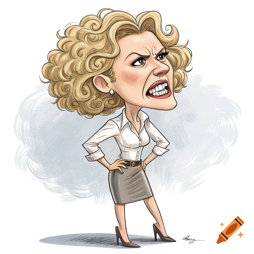 Cartoon caricature of an angry blonde woman with curly hair, baring teeth, wearing a white blouse and pencil skirt.