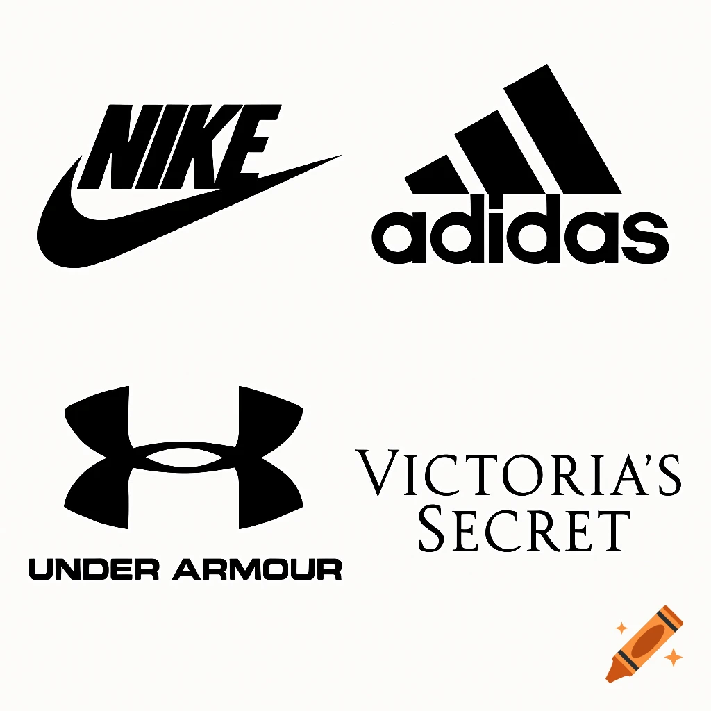 Four black brand logos on a white background: Nike, Adidas, Under Armour, and Victoria's Secret.