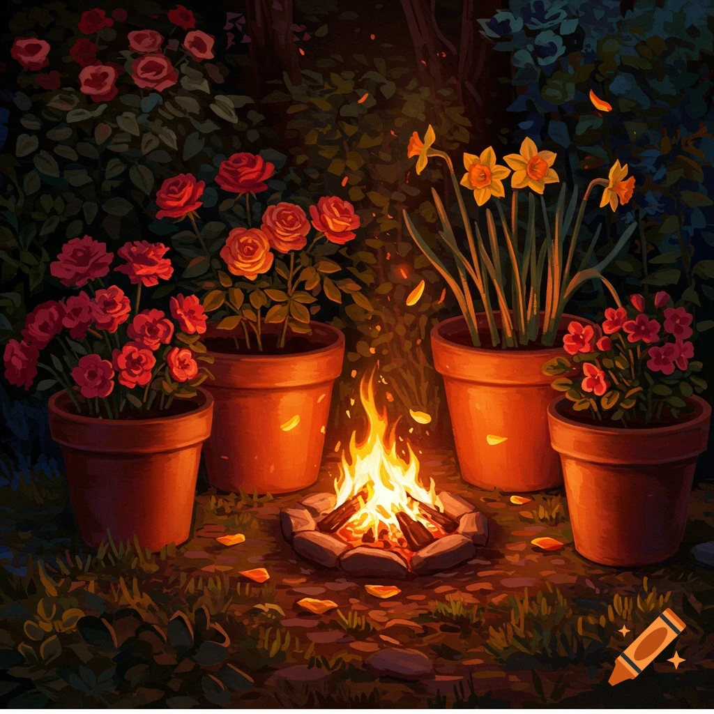 Painterly image of glowing flower pots with red roses and yellow daffodils surrounding a warm campfire in a dark garden.
