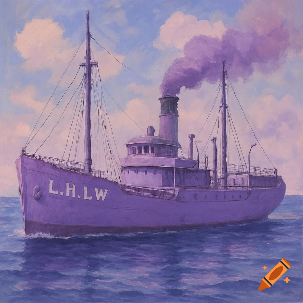 A lavender ship with 'L.H.L.W' on its hull sails on the sea under a cloudy sky, in a painterly style.