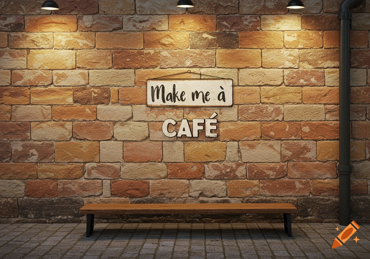 A rustic brick wall with a hanging sign that reads 'Make me a' and separate large letters below spelling 'CAF '. A wooden bench sits at the bottom.