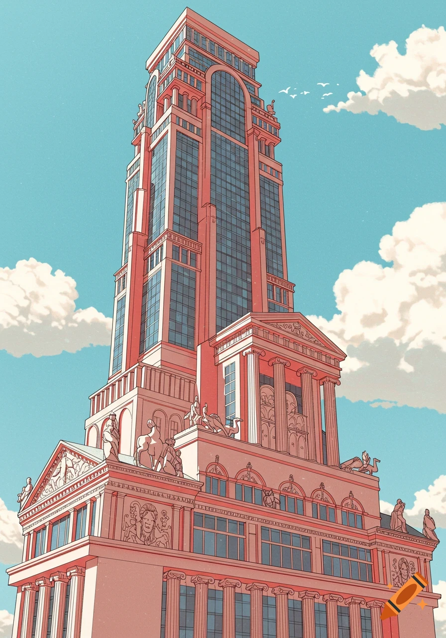 A tall, modern skyscraper with pink-toned Greek architectural elements under a blue sky with clouds, in an illustrative style.