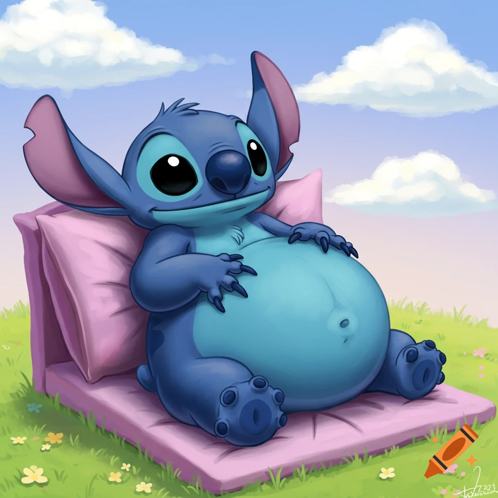 A happy, blue, massively pregnant Stitch, from Lilo & Stitch, lying on his back on a pink cushion in a grassy field under a blue sky.