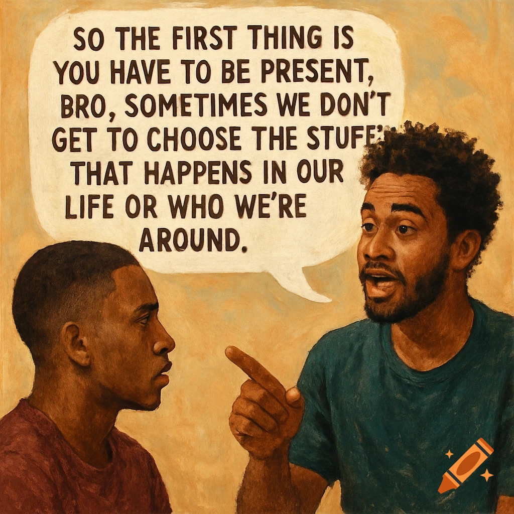 An illustration of two men, one speaking from a speech bubble about being present in life, the other listening intently.