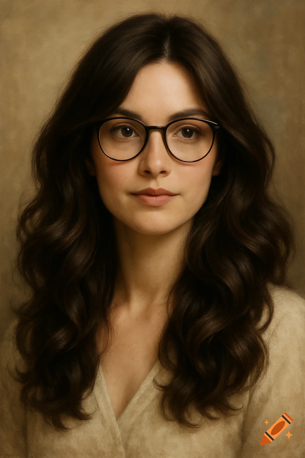 Photorealistic portrait of a woman with long, dark wavy hair and round ...