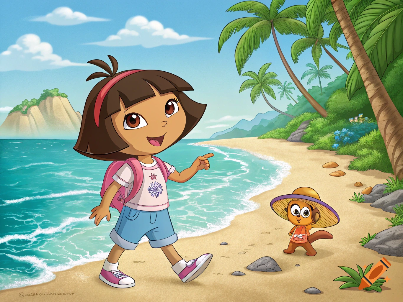 Dora the Explorer and Boots walk on a tropical beach with palm trees and an island in the background, in a cartoon style.