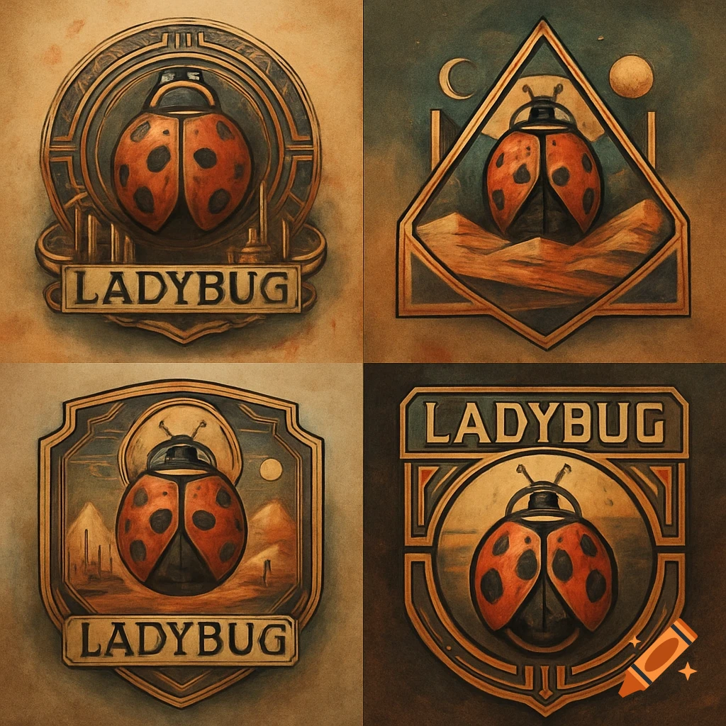 Four art deco style logos featuring detailed ladybugs and the word "LADYBUG" against earthy backgrounds.