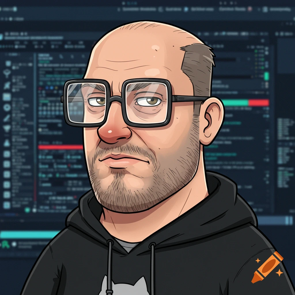 Cartoon portrait of a balding man with glasses, a beard, and a black hoodie with a cat logo, against a blurry tech background.