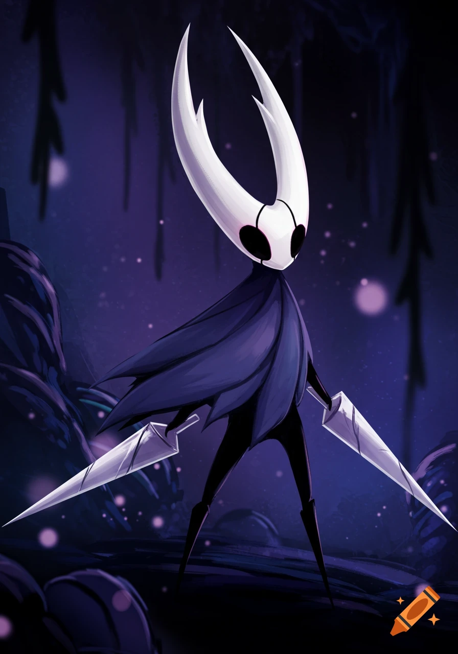 The Hollow Knight character stands holding two swords, silhouetted against a dark purple background with faint glowing particles.