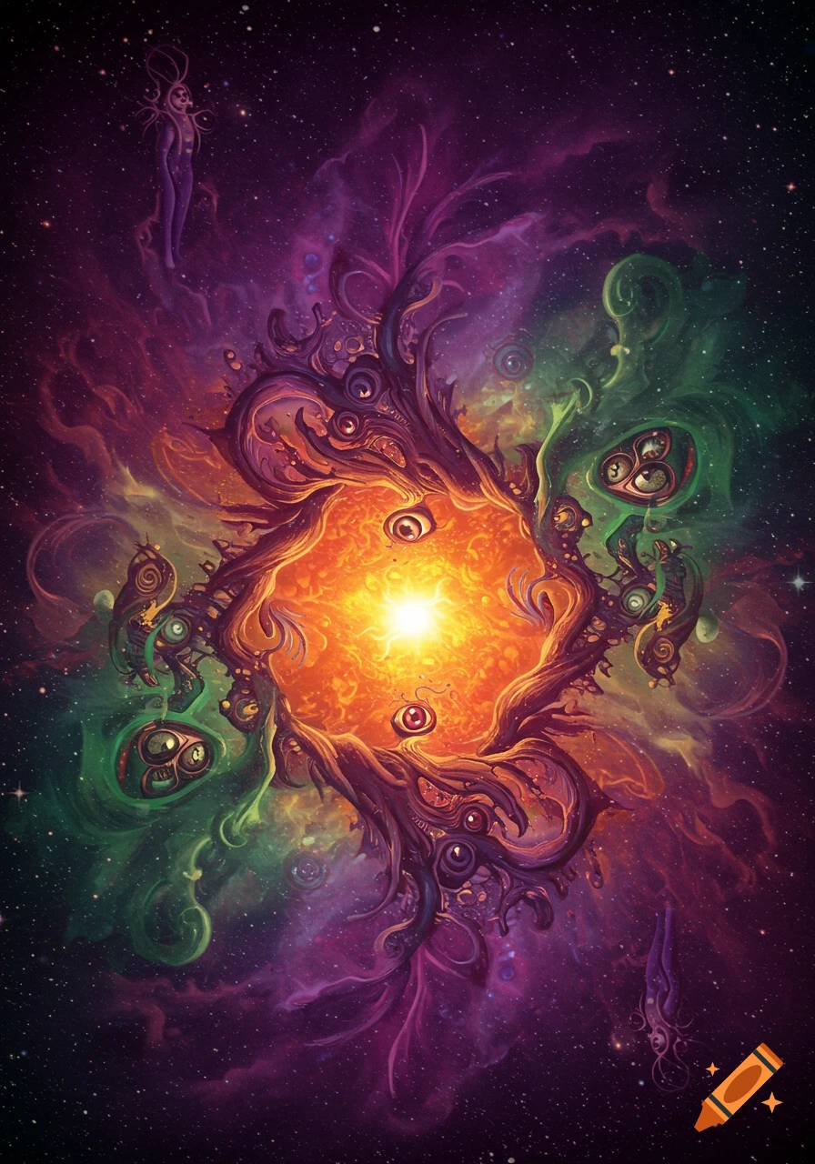 A vibrant, surreal cosmic scene with a bright orange core surrounded by swirling purple and green organic structures with multiple eyes, set against a star-filled nebula.