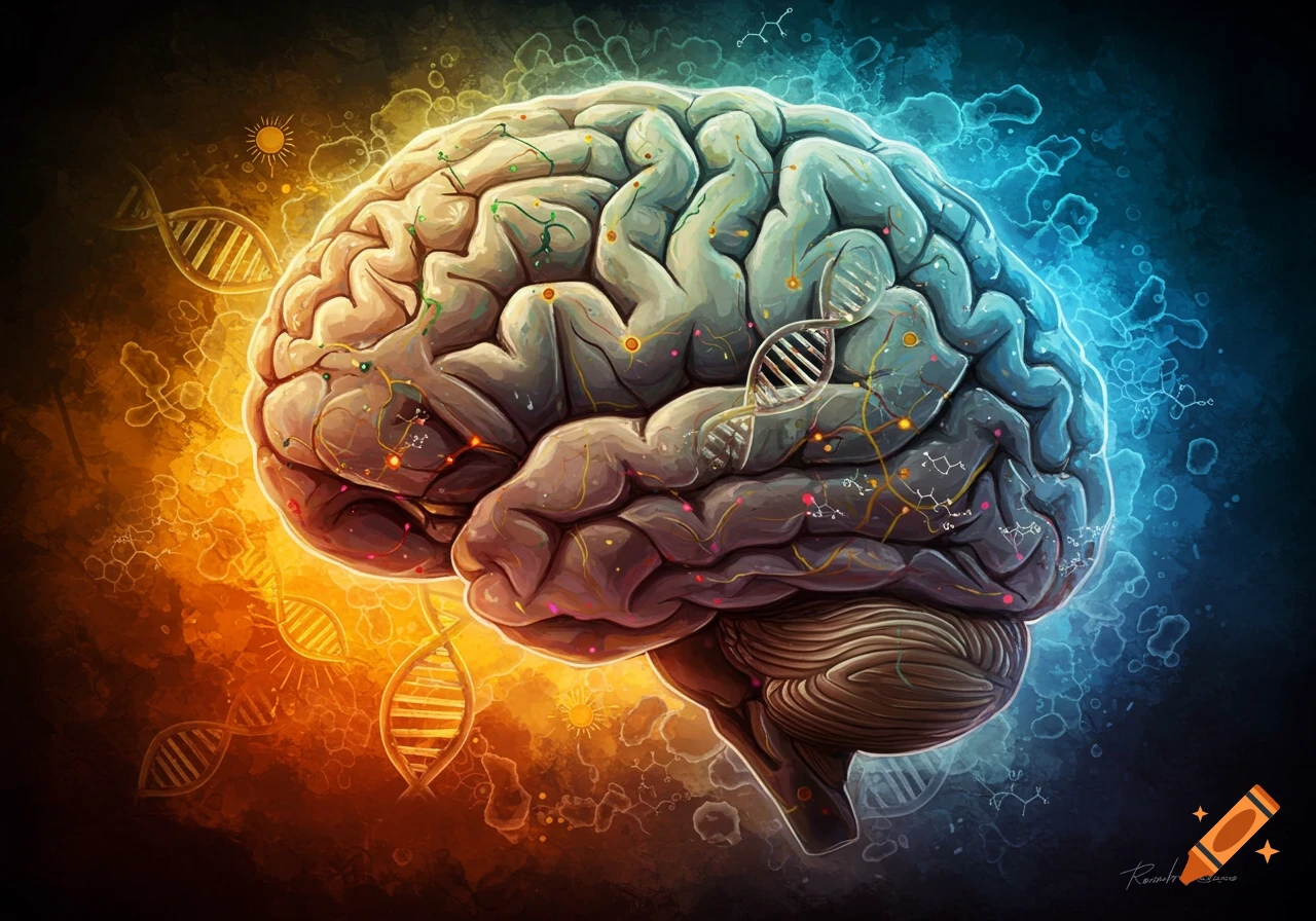 Stylized illustration of a human brain with DNA strands and molecular structures, glowing in orange and blue.