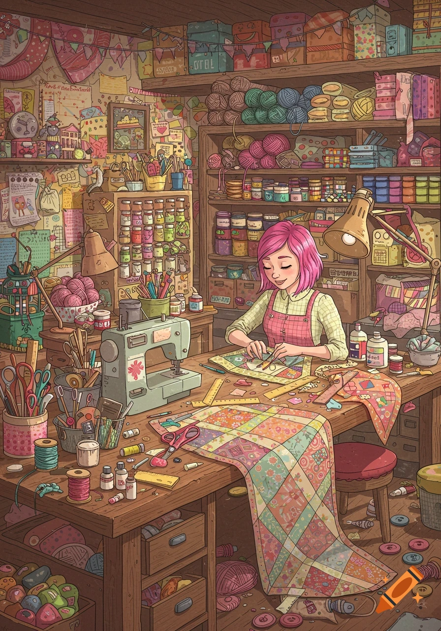 A detailed illustration of a woman with pink hair working on a patchwork quilt in a cluttered, cozy craft room filled with yarn, fabric, and sewing supplies.
