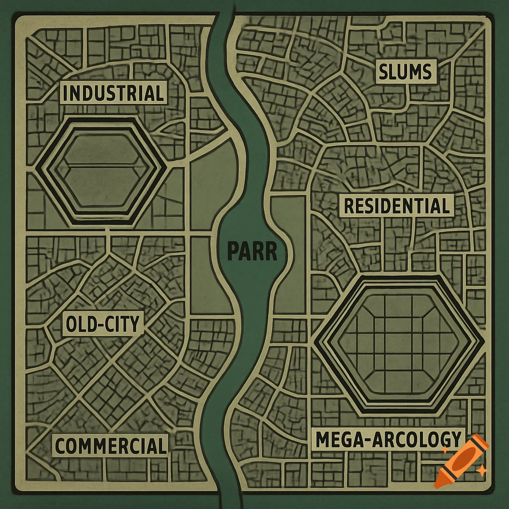 A top-down 2D map of a futuristic dystopian city with labeled districts and a central river.