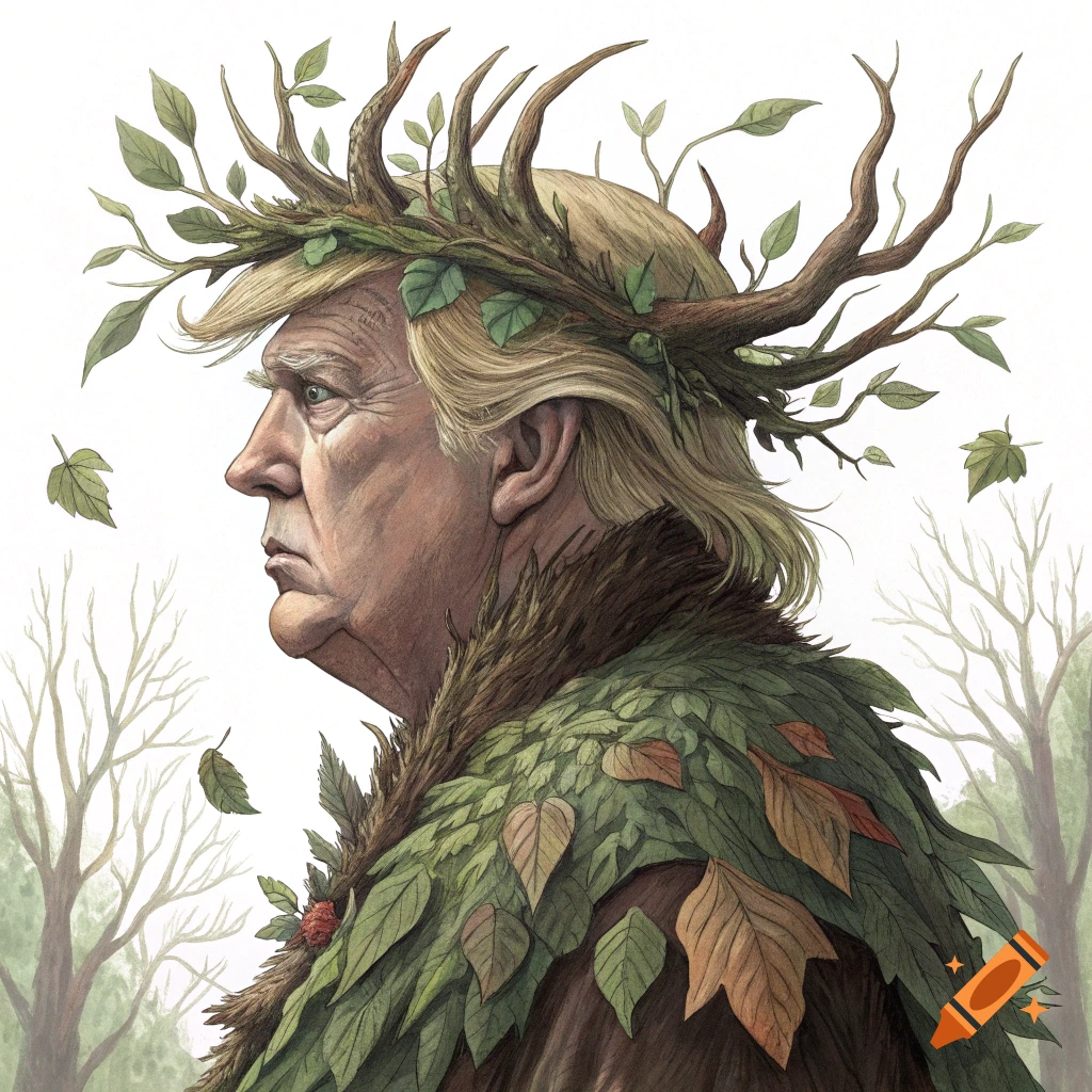 Portrait of Donald Trump depicted as a Leshy, a plant creature with branches, leaves, and antlers.