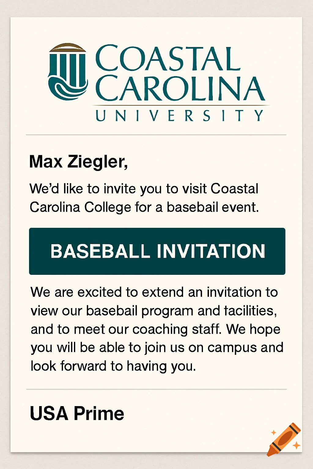 A professional-looking invitation email from Coastal Carolina University to Max Ziegler for a baseball event.