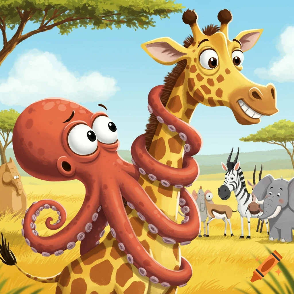 A cartoon octopus is wrapped around the neck of a smiling giraffe in a safari setting with other animals.