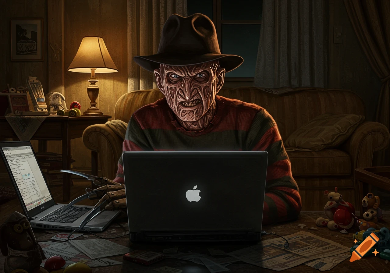 Freddy Krueger, with a burn-scarred face and striped sweater, sits in a messy living room looking angrily at a black laptop with a glowing Apple logo.