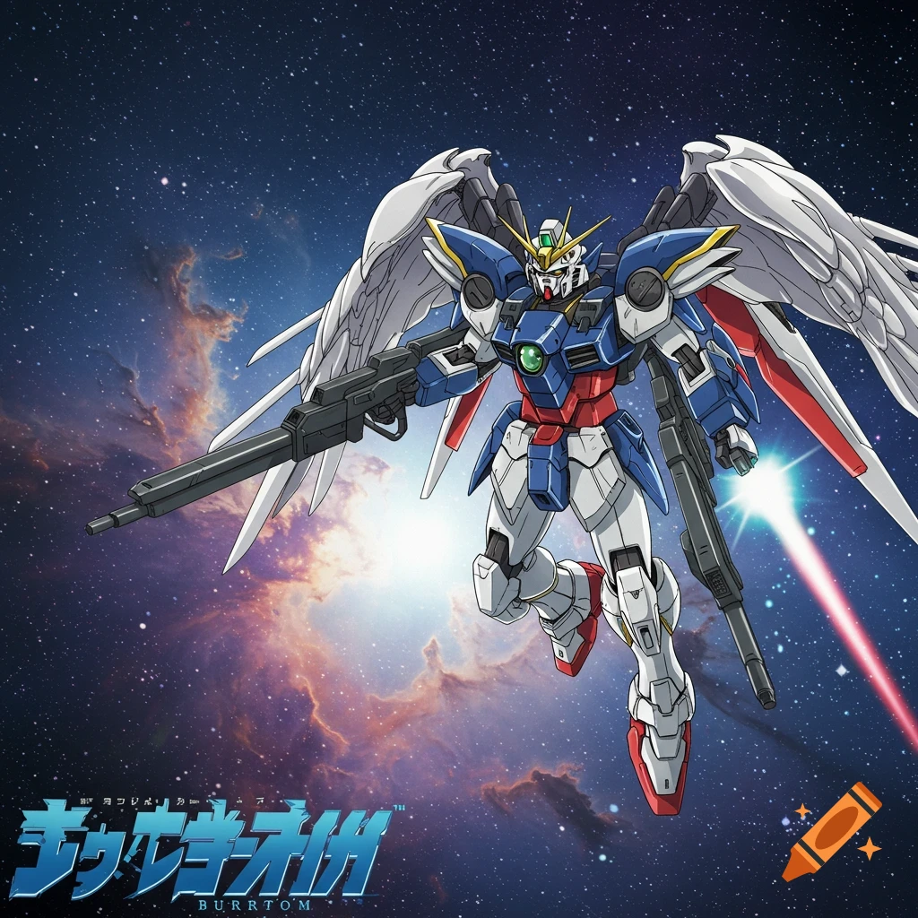 A white, blue, and red Gundam robot with large wings and two rifles flies through a starry space nebula, in an anime style.