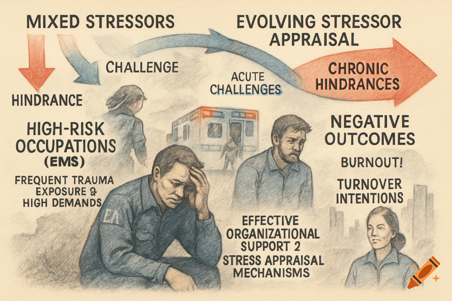 An illustration in a hand-drawn style depicting a flow chart about stress, burnout, and support in high-risk occupations like EMS. It shows distressed people, an ambulance, and text labels for concepts like 'Mixed Stressors', 'Chronic Hindrances', 'Negative Outcomes', and 'Effective Organizational Support'.