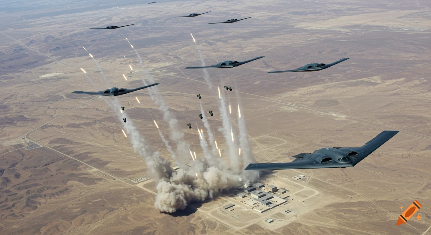 Six B-2 Spirit stealth bombers drop bombs, creating smoke and explosions over a desert facility.