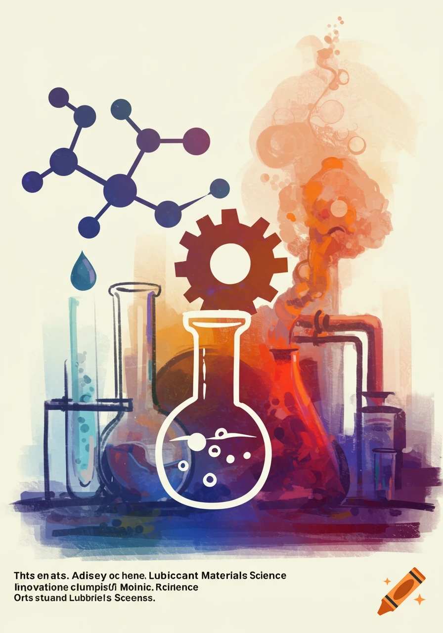 Stylized illustration of chemistry and industry elements with lab glassware, molecular structure, a gear, and orange smoke.