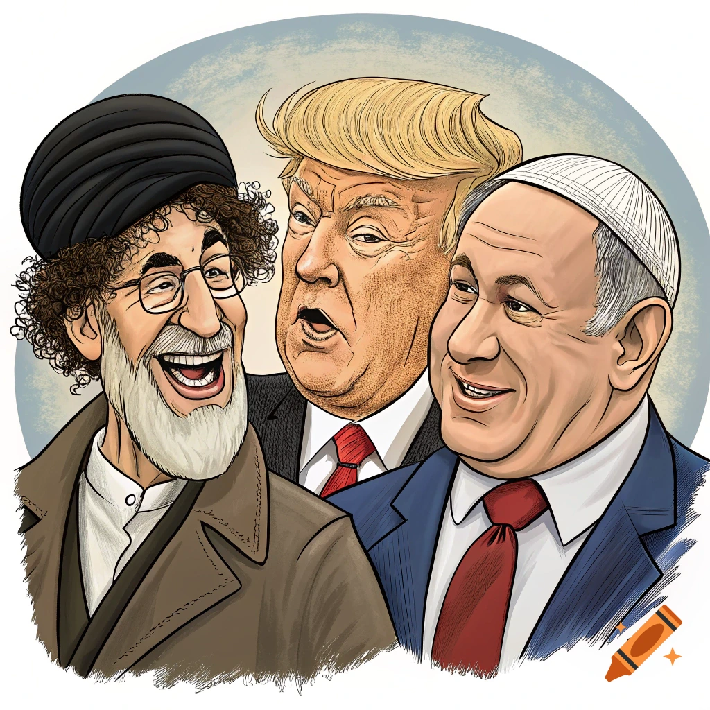 Caricature illustration of Iranian leader Khamenei, Donald Trump, and Benjamin Netanyahu in a cartoon style.