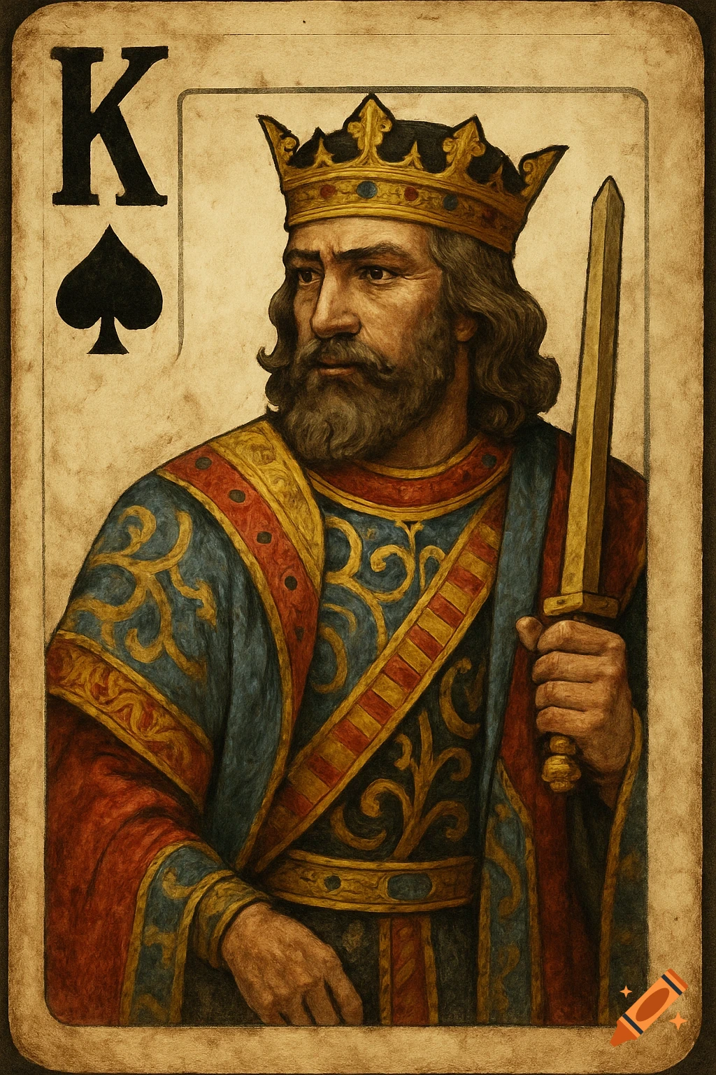 A classic style King of Spades playing card depicting a bearded king in a crown and regal robes holding a sword.