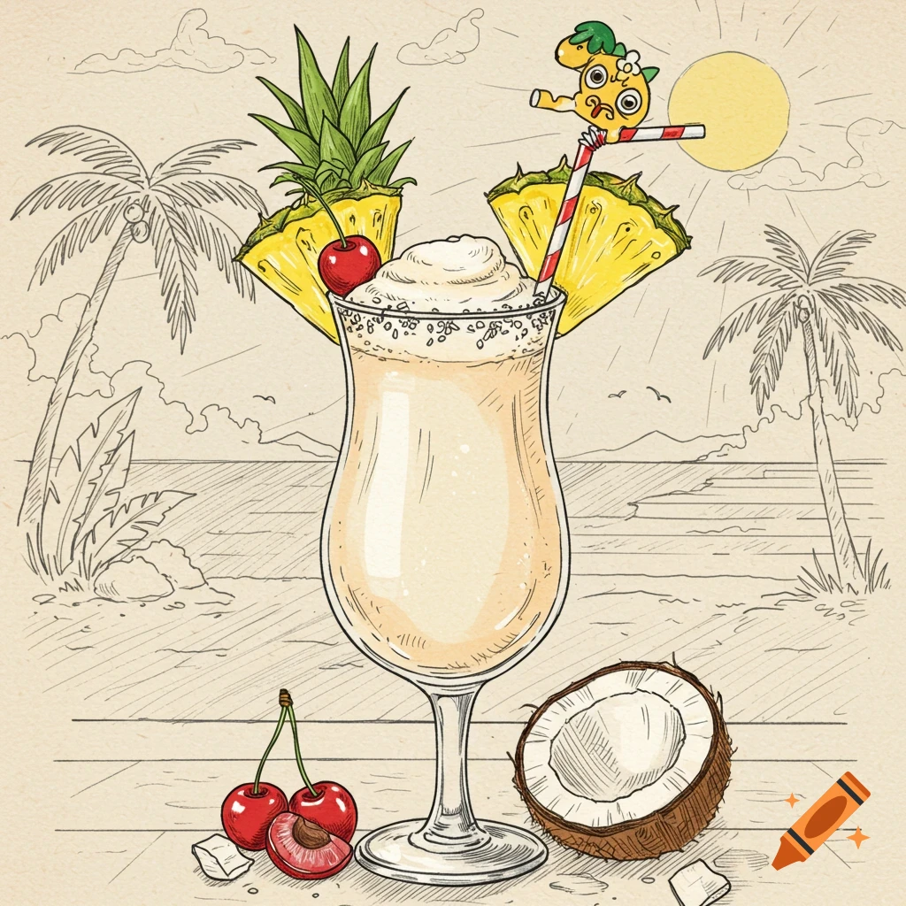 A colorful line art illustration of a Pina Colada cocktail garnished with pineapple and cherries, on a table with a coconut, with a beach and palm trees in the background.