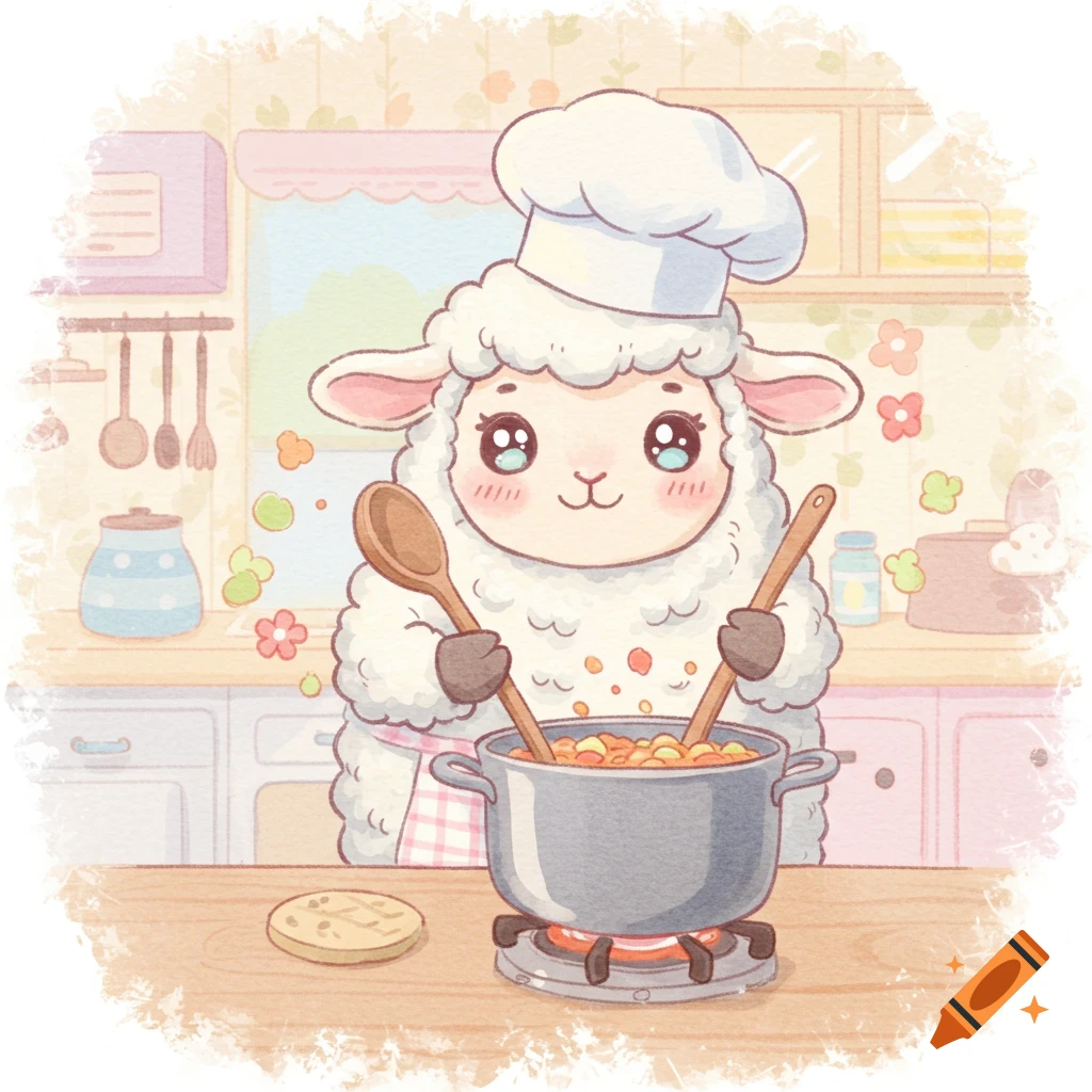 A cute, happy sheep wearing a chef's hat, stirring a pot of food on a stove in a kitchen, in a watercolor style.