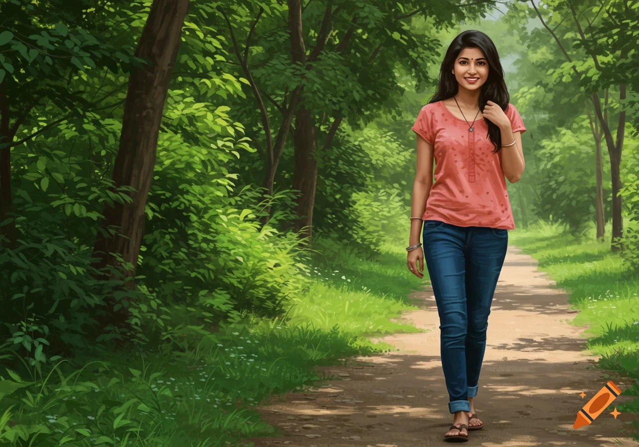 A smiling South Indian woman in a pink t-shirt and jeans walks on a dirt path through a lush green forest, digital painting.