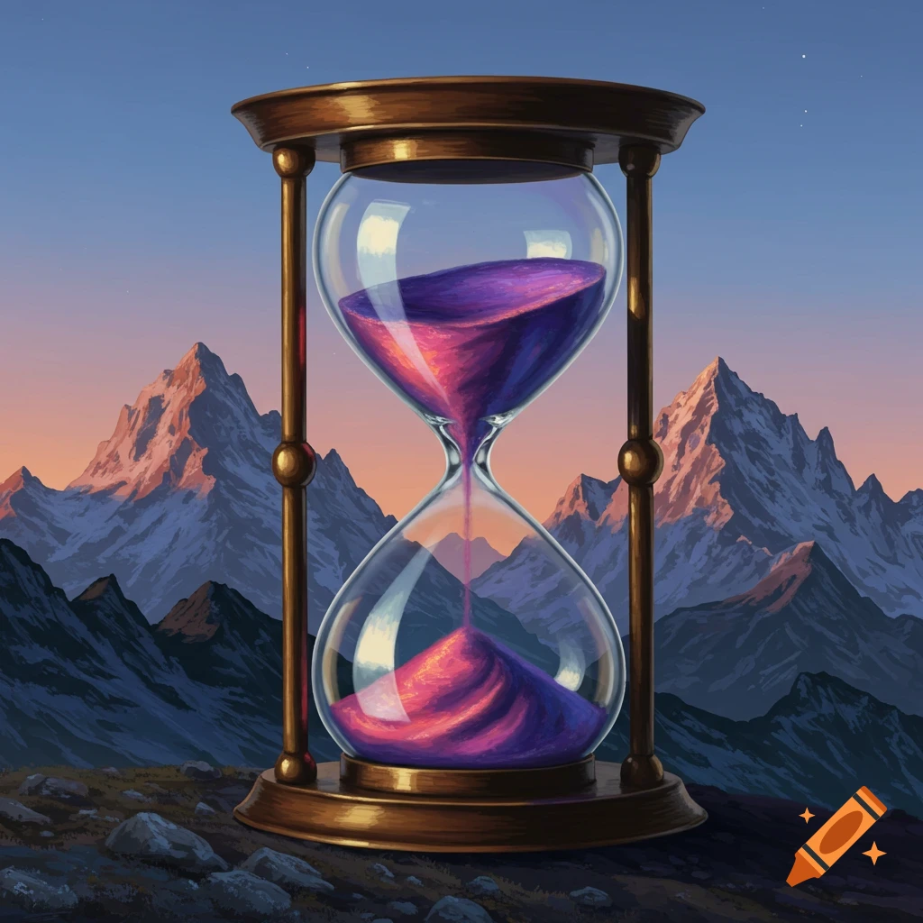 A large hourglass with purple and pink sand stands on rocky ground, with rugged mountains and a colorful twilight sky in the background.
