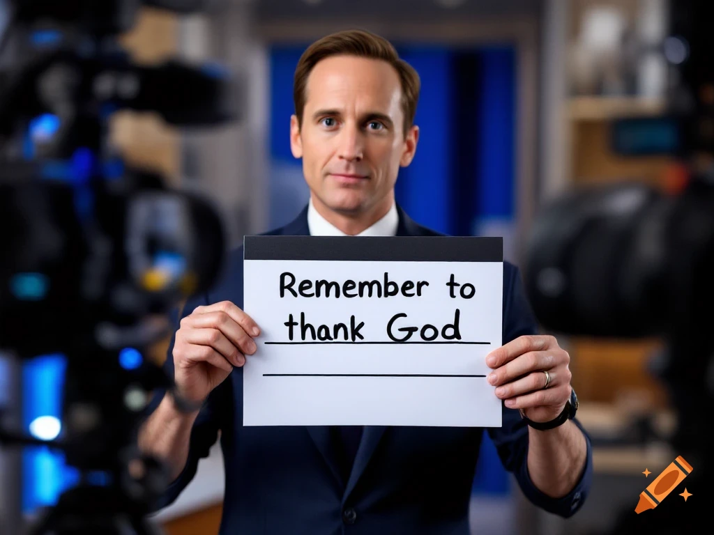 A man in a suit holds a white sign that reads "Remember to thank God" in a studio setting with cameras in the background.