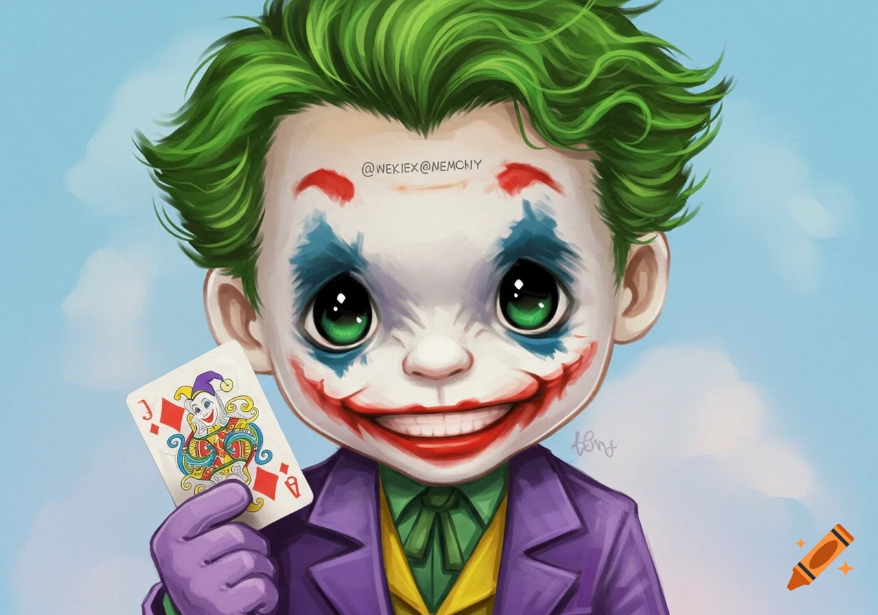 A cute, cartoon-style baby Joker with green hair and clown makeup holds a playing card, smiling.