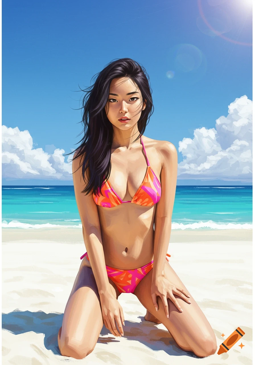 An illustrated portrait of a young Asian woman in a pink and orange bikini, kneeling on a sandy beach under a bright blue sky with clouds.