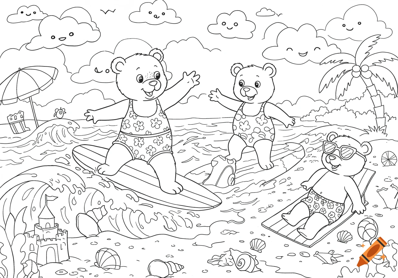 A black and white coloring page showing two bears in swimsuits surfing at a beach, while another bear relaxes on the sand.