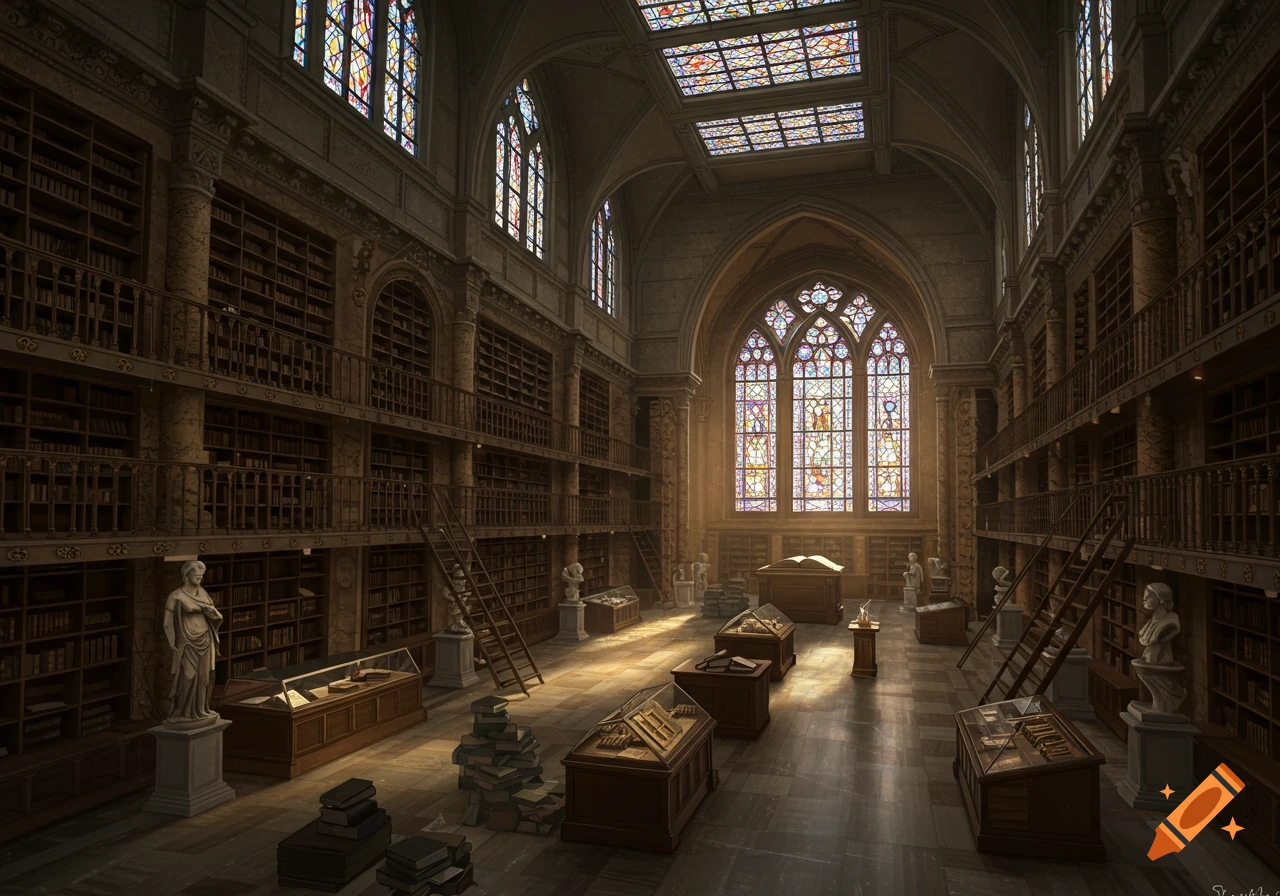 A grand, gothic library with high ceilings, tall bookshelves, stained glass windows, and display cases.
