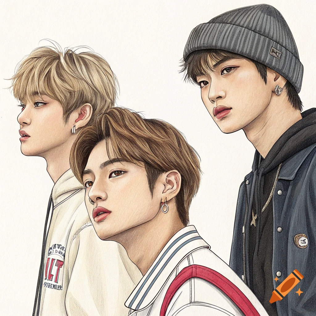 Illustration of three young men, resembling K-pop idols, with short hair and modern casual attire, in a sketch-like style.