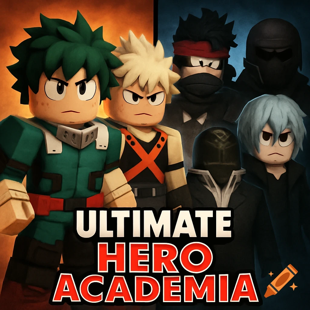 An image in Roblox style featuring characters from My Hero Academia, with heroes on the left and villains on the right, and the text 'ULTIMATE HERO ACADEMIA' at the bottom.