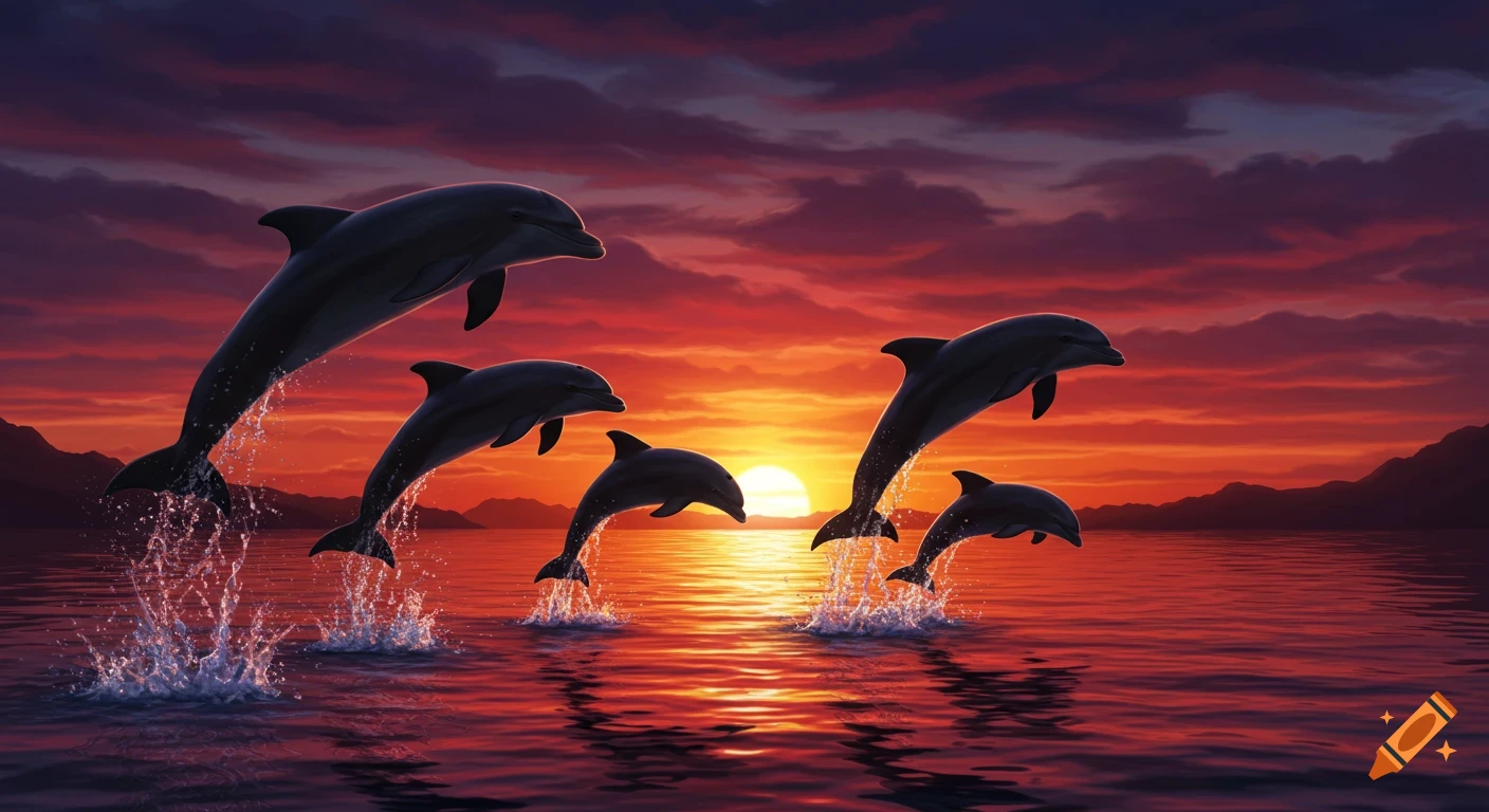Dolphins leaping from the water at sunset.