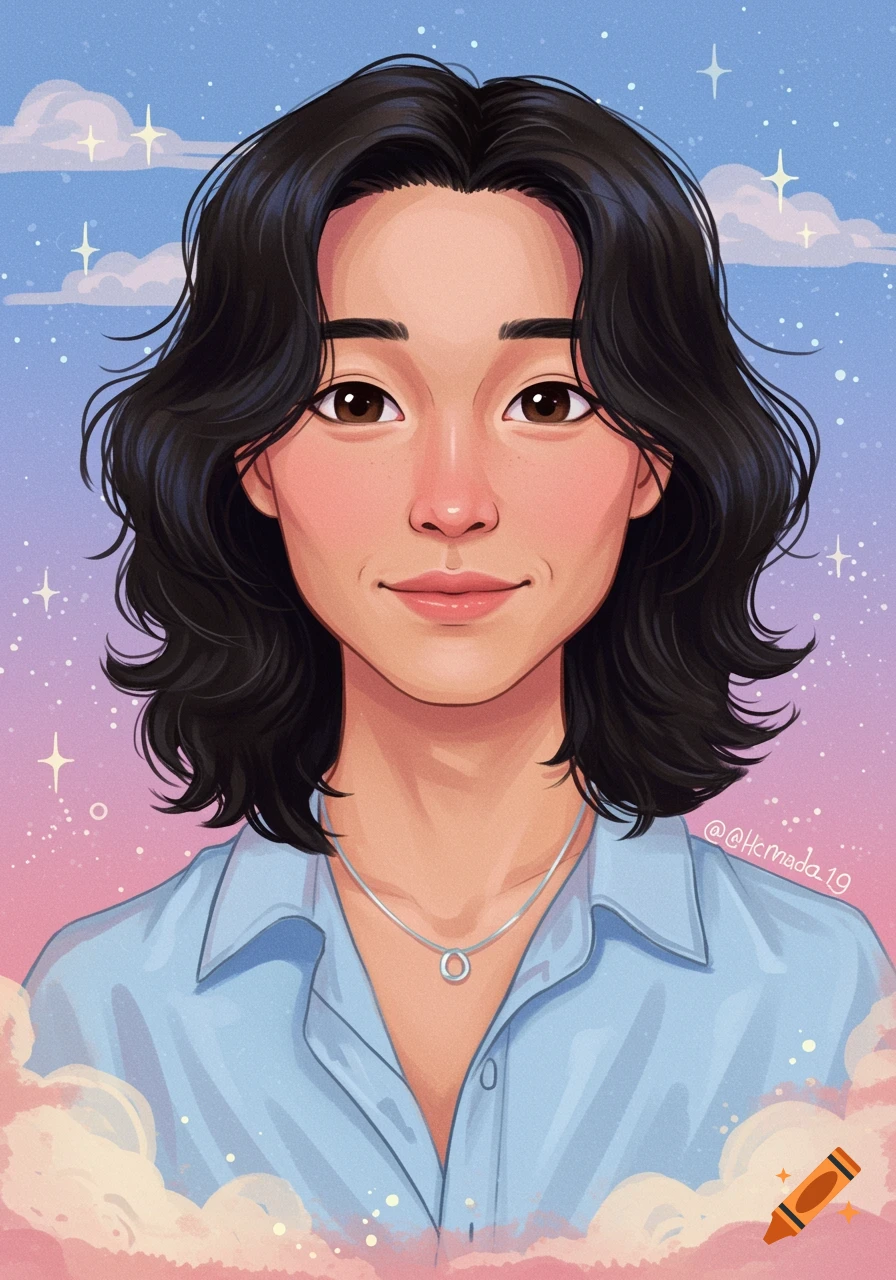 A stylized anime-style portrait of a young person with short, dark wavy hair, wearing a light blue shirt, against a pink and blue sky with clouds and stars.